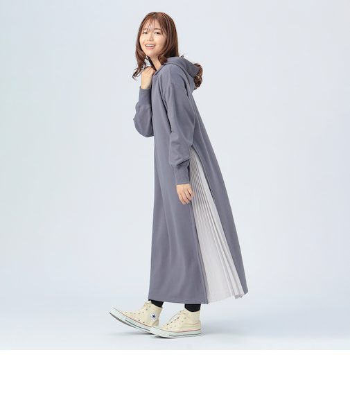 サイド プリーツ フーディー ワンピース