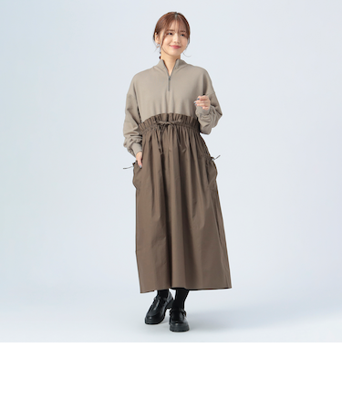 異素材 ハーフ ジップ ワンピース