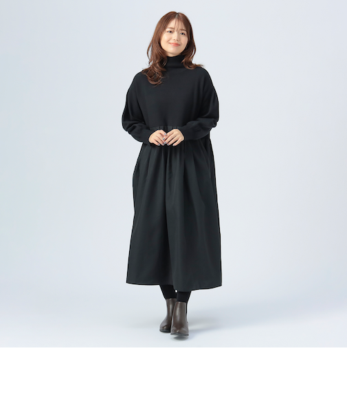 タートルネック ニット × 異素材 ワンピース