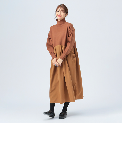 タートルネック ニット × 異素材 ワンピース