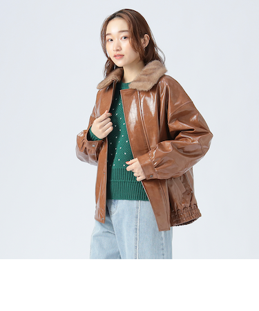 フェイクファー衿付き パテント ブルゾン