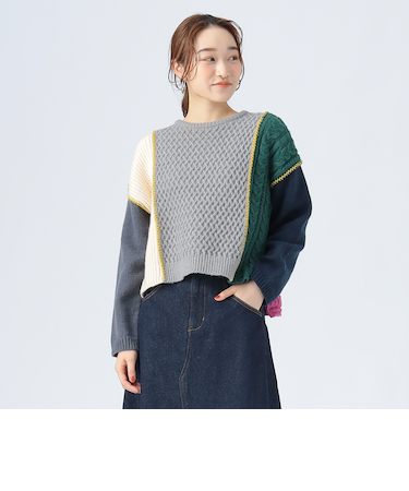 配色 パッチワーク ニット プルオーバー