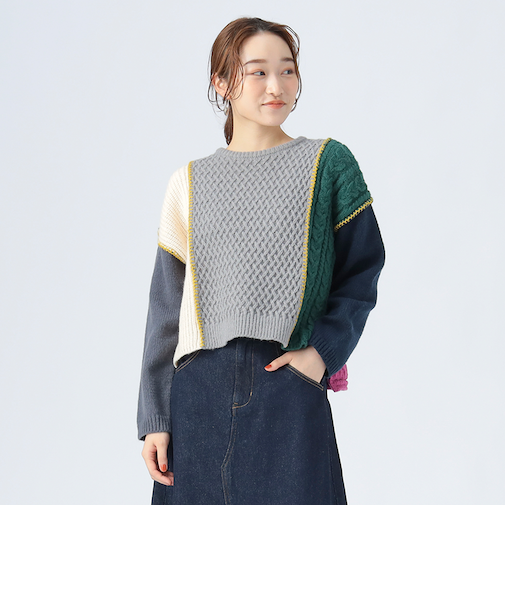 配色 パッチワーク ニット プルオーバー