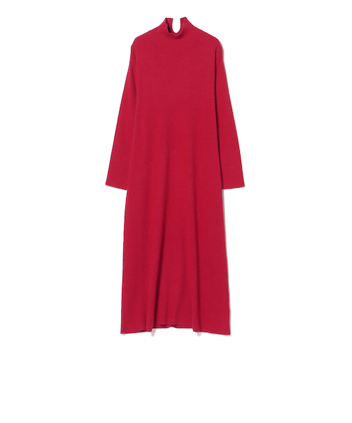 襟スリット ハイネック ニットワンピース