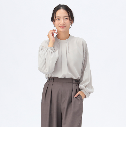 袖ケシ プリーツ スタンドカラー ブラウス