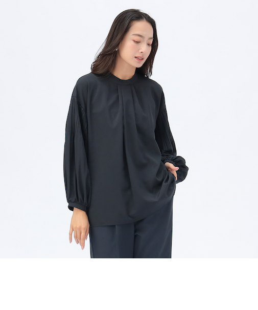 袖ケシ プリーツ スタンドカラー ブラウス