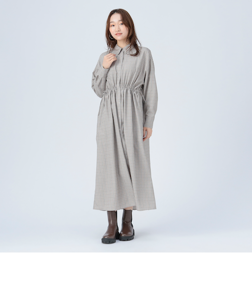 ウエスト ドロスト チェック シャツワンピース