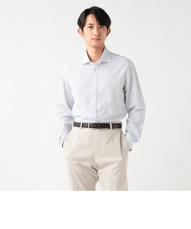 シアサッカー フラワープリント カッタウェイカラーシャツ