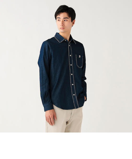 コーヒー エンブレム ステッチ デニムシャツ