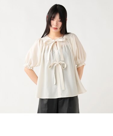 2WAY シャーリング リボンブラウス