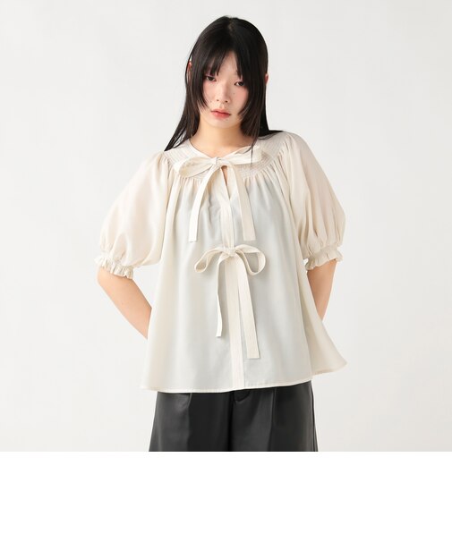 2WAY シャーリング リボンブラウス