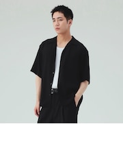 タック ストライプ 楊柳 オープンカラー シャツ