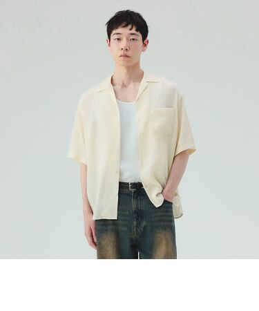 タック ストライプ 楊柳 オープンカラー シャツ