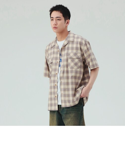 オンブレー チェック オープンカラー シャツ