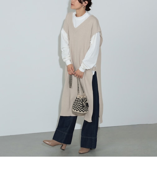 ロングTシャツ × ニットベスト セット（手洗い可能）