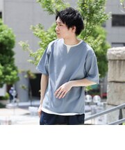 スリットネック フェイクレイヤー ワッフル Tシャツ