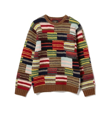 BEAMS PLUS / パッチワーク ハンドニット クルーネック
