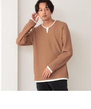 フェイクレイヤー キーネック ニットフリース Tシャツ