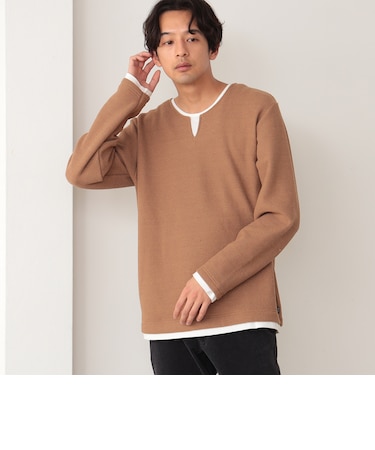 フェイクレイヤー キーネック ニットフリース Tシャツ