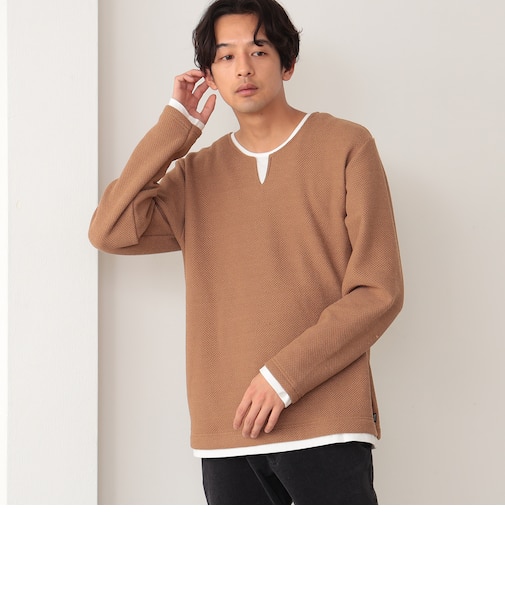フェイクレイヤー キーネック ニットフリース Tシャツ