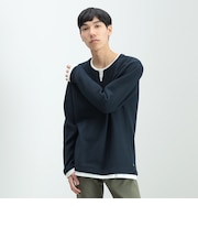 フェイクレイヤー キーネック ニットフリース Tシャツ