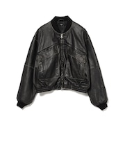 ワイドショートフィット ユーズド加工 レザー ブルゾン