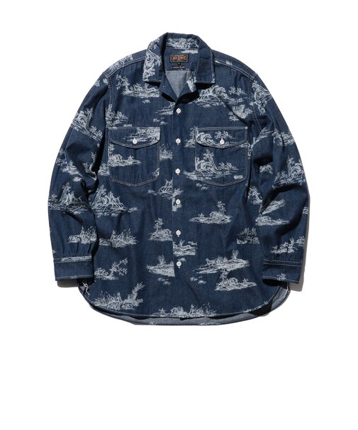 WORK Classic-fit Denim Discharge Jouy Print
