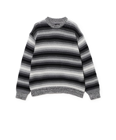 グラデーションボーダー メッシュ クルーネック【ワイドフィット】