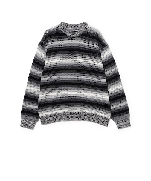 グラデーションボーダー メッシュ クルーネック【ワイドフィット】
