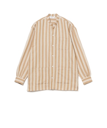 【別注】Placide / リネンコットン ダブルストライプ バンドカラーシャツ