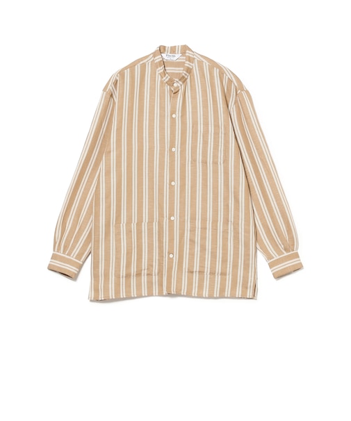 【別注】Placide / リネンコットン ダブルストライプ バンドカラーシャツ