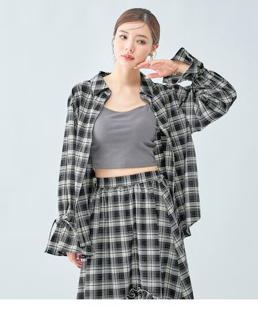 チェックギャザーフレアスリーブシャツ