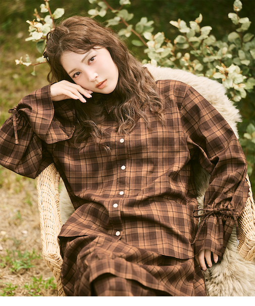 チェックギャザーフレアスリーブシャツ