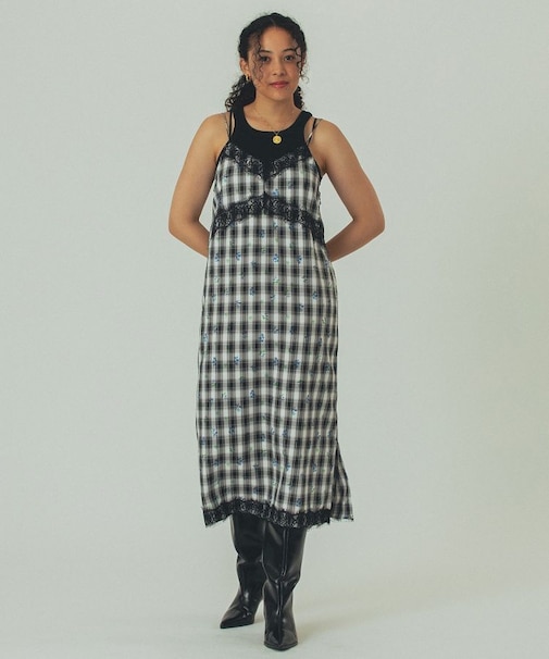 FLOWER PRINT CHECK CAMI DRESS