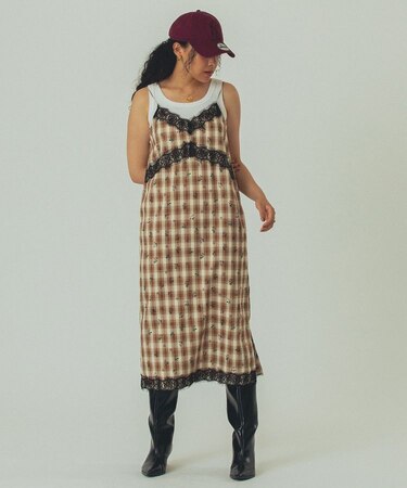 FLOWER PRINT CHECK CAMI DRESS