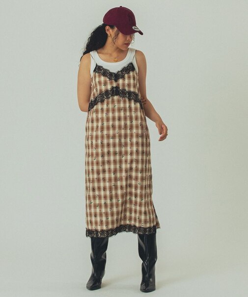 FLOWER PRINT CHECK CAMI DRESS