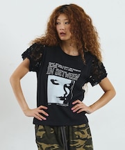 LACE SLEEVE GRAPHIC TOP