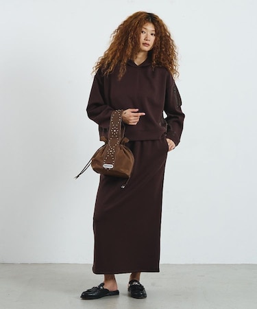 MIXED FABRIC HOODIE AND SKIRT SET