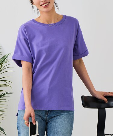 【汗染みの目立ちにくいTシャツ ZEROSTAIN】ロールカフサイドスリットTシャツ 撥水・UVカット機能付き レディース 快適Tシャツ
