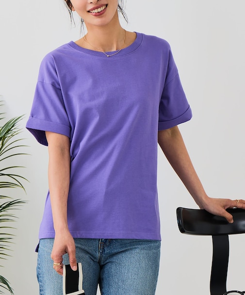 【汗染みの目立ちにくいTシャツ ZEROSTAIN】ロールカフサイドスリットTシャツ 撥水・UVカット機能付き レディース 快適Tシャツ