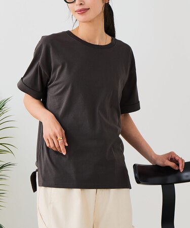【汗染みの目立ちにくいTシャツ ZEROSTAIN】ロールカフサイドスリットTシャツ 撥水・UVカット機能付き レディース 快適Tシャツ