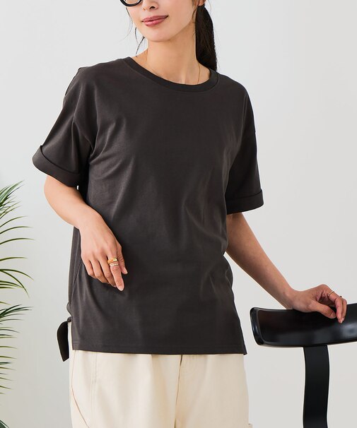 【汗染みの目立ちにくいTシャツ ZEROSTAIN】ロールカフサイドスリットTシャツ 撥水・UVカット機能付き レディース 快適Tシャツ
