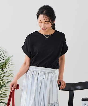 【汗染みの目立ちにくいTシャツ ZEROSTAIN】ロールカフラウンドヘムTシャツ レディース 汗染み防止 撥水加工 多機能
