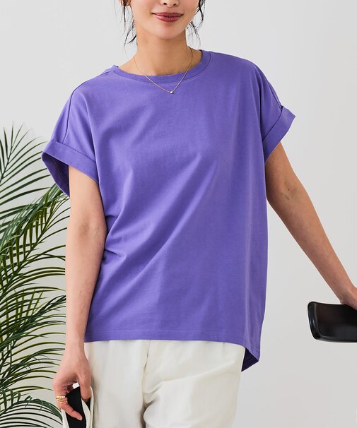 【汗染みの目立ちにくいTシャツ ZEROSTAIN】ロールカフラウンドヘムTシャツ レディース 汗染み防止 撥水加工 多機能