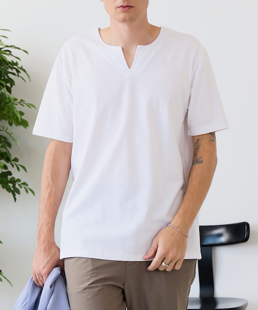 【汗染みの目立ちにくいTシャツ ZEROSTAIN】キーネックTシャツ 防汚 UVカット 綿タッチ・厚手