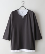 【汗染みの目立ちにくいTシャツ ZEROSTAIN】フェイクレイヤード ビッグシルエット キーネック クルーネック 7分袖Tシャツ 防汚 ＵＶカット 綿タッチ・厚手