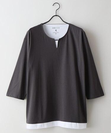 【汗染みの目立ちにくいTシャツ ZEROSTAIN】フェイクレイヤード ビッグシルエット キーネック クルーネック 7分袖Tシャツ 防汚 UVカット 綿タッチ・厚手