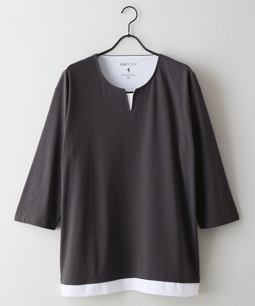 【汗染みの目立ちにくいTシャツ ZEROSTAIN】フェイクレイヤード ビッグシルエット キーネック クルーネック 7分袖Tシャツ 防汚 UVカット 綿タッチ・厚手