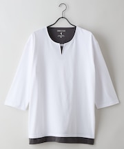 【汗染みの目立ちにくいTシャツ ZEROSTAIN】フェイクレイヤード ビッグシルエット キーネック クルーネック 7分袖Tシャツ 防汚 ＵＶカット 綿タッチ・厚手