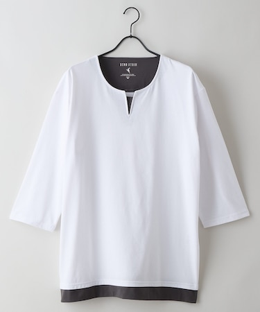 【汗染みの目立ちにくいTシャツ ZEROSTAIN】フェイクレイヤード ビッグシルエット キーネック クルーネック 7分袖Tシャツ 防汚 ＵＶカット 綿タッチ・厚手